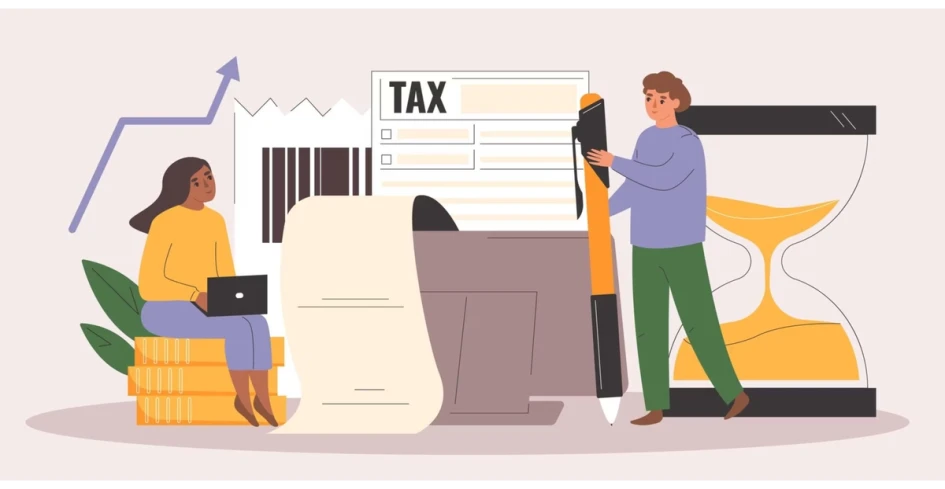 Employee reviewing pay stub to calculate federal tax refund