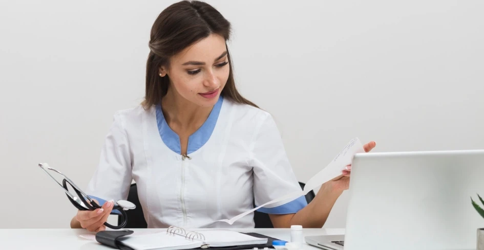 Pay stubs for medical professionals showing payroll details for doctors and pharmacy staff